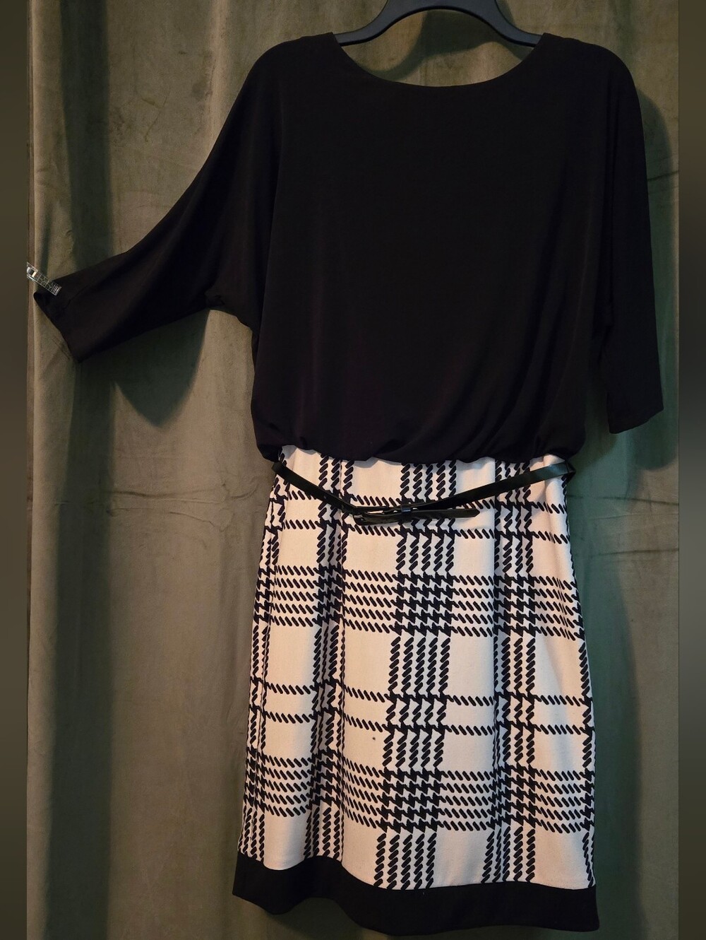 Black & White Plaid A-Line Dress with Black Waist Trim - Women
